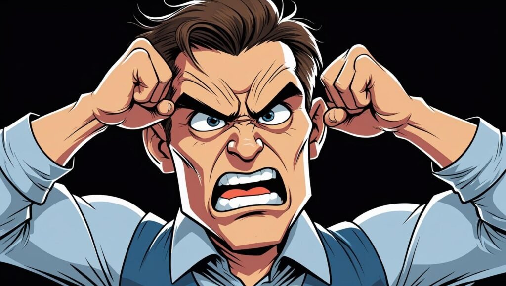 CREATE ME AN IMAGE OF A CARTOON SHOWING HIS FACIAL EXPRESSIONS THAT HE IS IN STRESS AND ANGRY WITH BLACK BACKGROUND 2