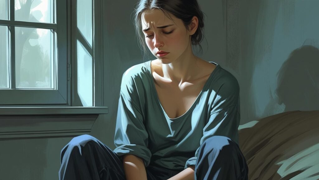 create me an image of beautifull girl with emotions of having depression